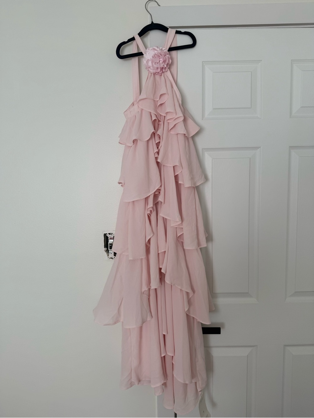 MOTF (SHEIN)  Pink Ruffled Halter-Style Formal Dress with Flower Accent
